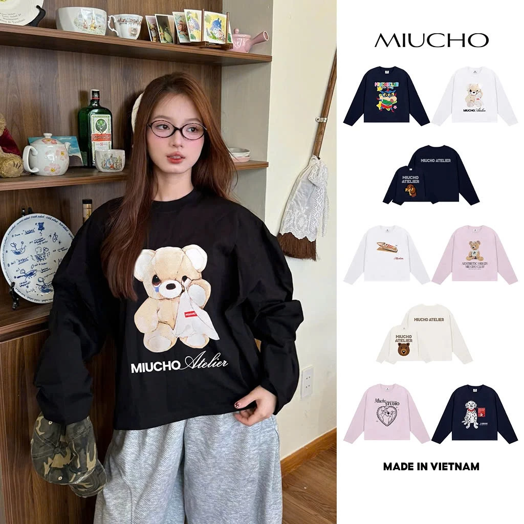 Áo thun boxy tay dài cá tính BST Miucho vải cotton thoáng mát họa tiết hoạt hình trẻ trung năng động