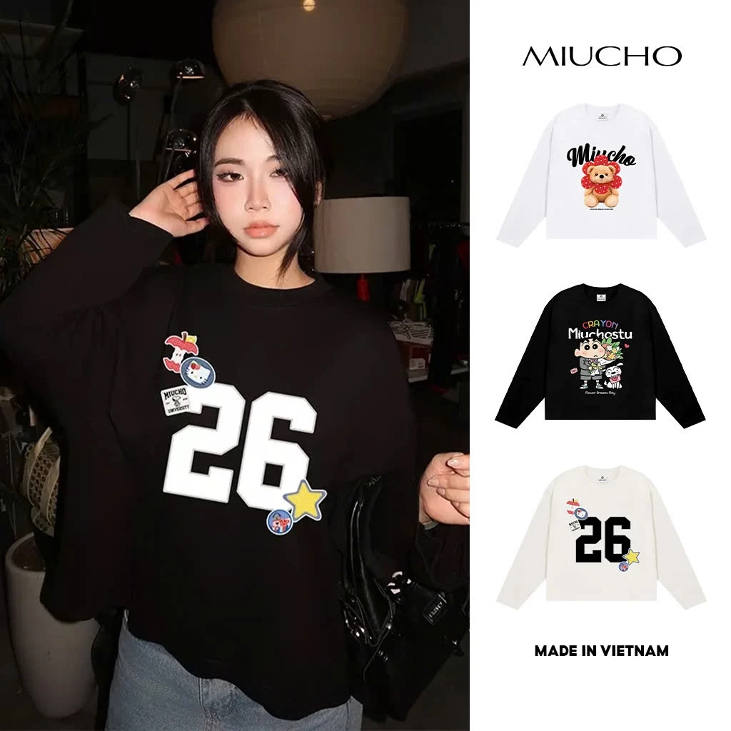 Áo thun boxy tay dài BST hoạt hình đáng yêu Miucho vải thoáng mát cổ tròn in mix
