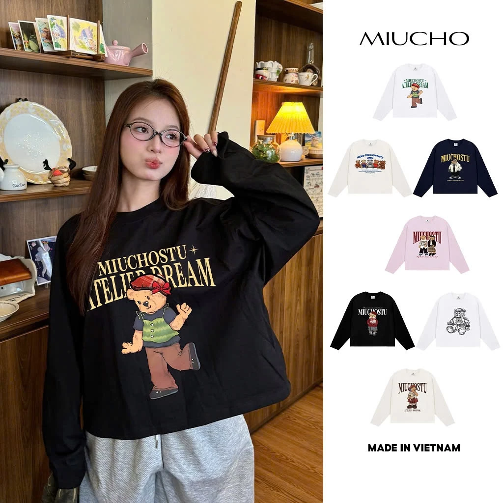 Áo thun boxy tay dài Miucho vải cotton co giãn 2 chiều dày dặn thoáng mát BST gấu teddy in mix
