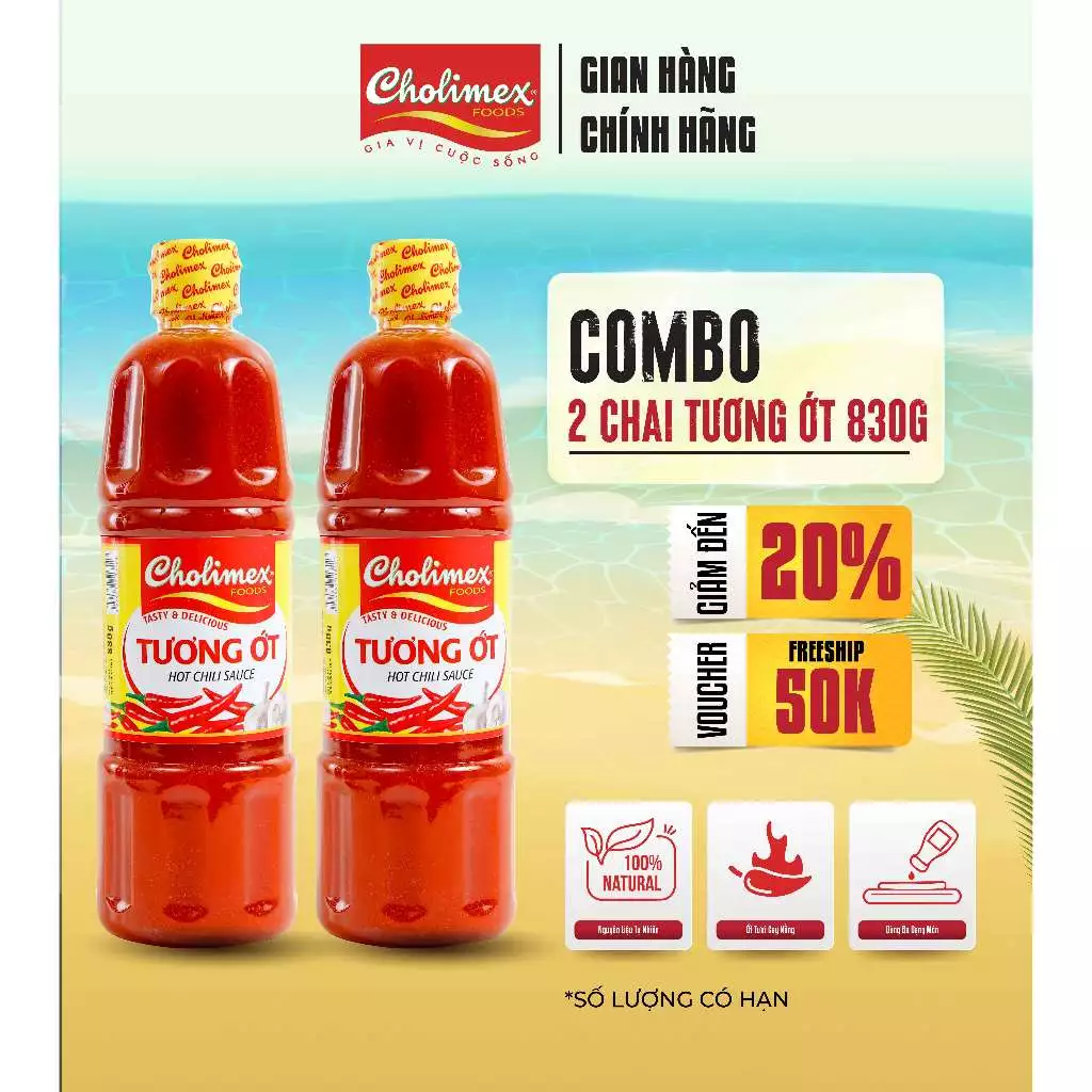 Combo 2 Chai Tương Ớt CHOLIMEX FOOD  Pet 830g, sản xuất từ 25% ớt tươi và tỏi tươi nguyên chất, không dùng bột nhân tạo
