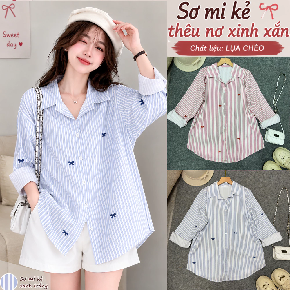 Áo sơ mi kiểu bigsize nữ tay dài kẻ sọc thêu nơ xinh có form rộng chất vải lụa mềm mịn thời trang SM181