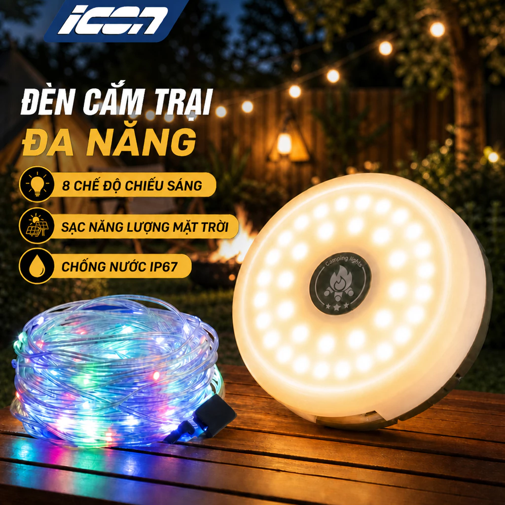 Đèn LED cắm trại ngoài trời ICON, sạc mặt trời + USB, tích điện, 8 chế độ, có chức năng đèn pin.