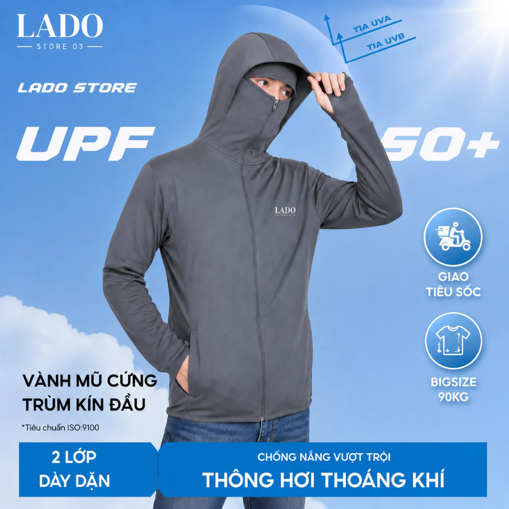 [Bigsize 90kg] Áo Chống Nắng 2 Lớp LADO Chất Liệu Hạt Gạo Kim Cương Thông Hơi Khóa Kéo Mũ Trùm Kín Mặt Chống Tia UV