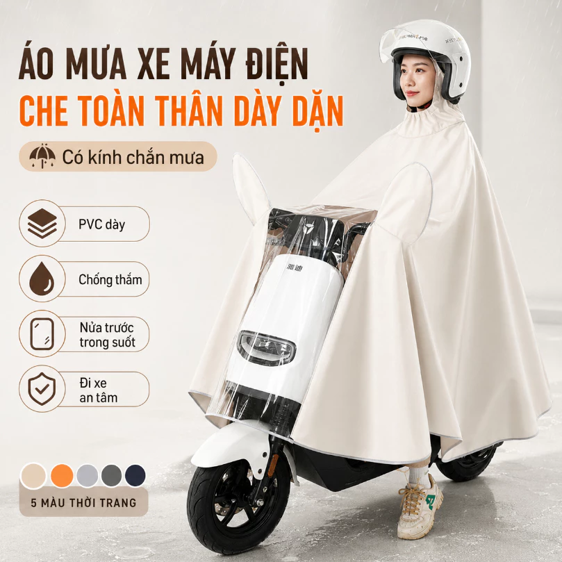 Áo Mưa Xe Máy Điện Bộ Đầy Đủ - Kính Chắn Mưa & Che Gương, Mặt Trong Suốt, Che Kín Người, An Toàn Tuyệt Đối