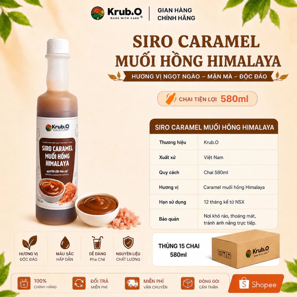 [Chính hãng] Siro Caramel muối hồng Himalaya Krub.O nguyên liệu pha chế - chai 580ml thùng 15 chai
