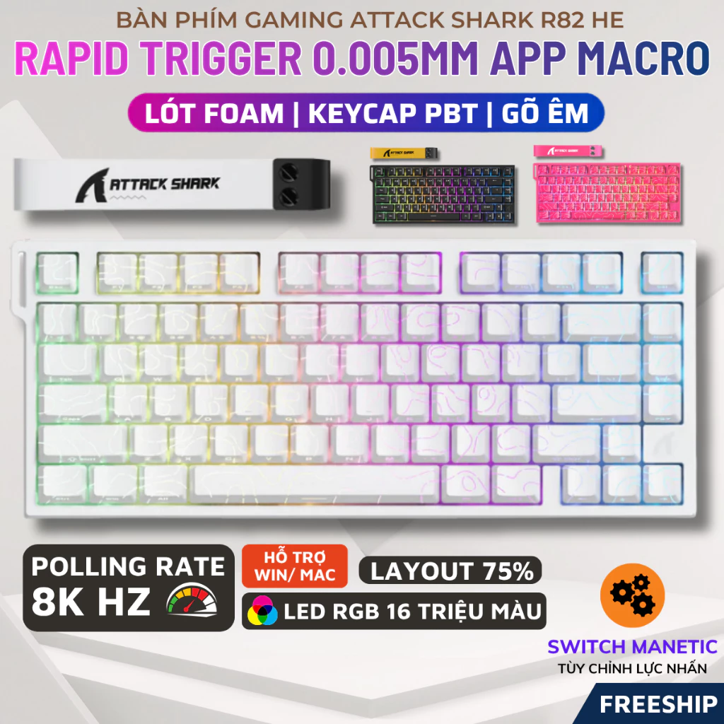 Bàn Phím Cơ Gaming Attack Shark R82HE Magnetic Switch, Rapid Trigger 0.005mm, Polling Rate 8000Hz