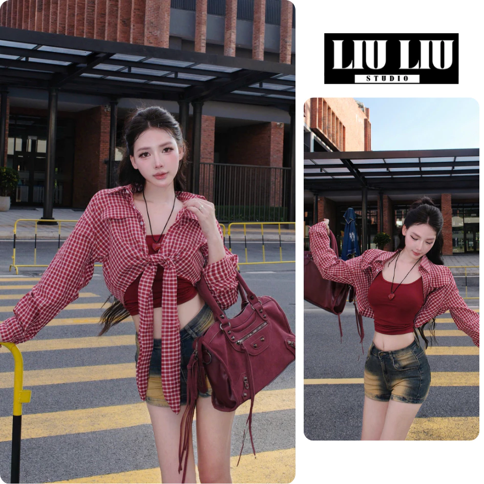 Áo sơ mi caro đỏ LIULIU STUDIO L34 croptop thắt nơ eo tay dài cổ đức form trẻ trung tôn dáng dễ phối đồ
