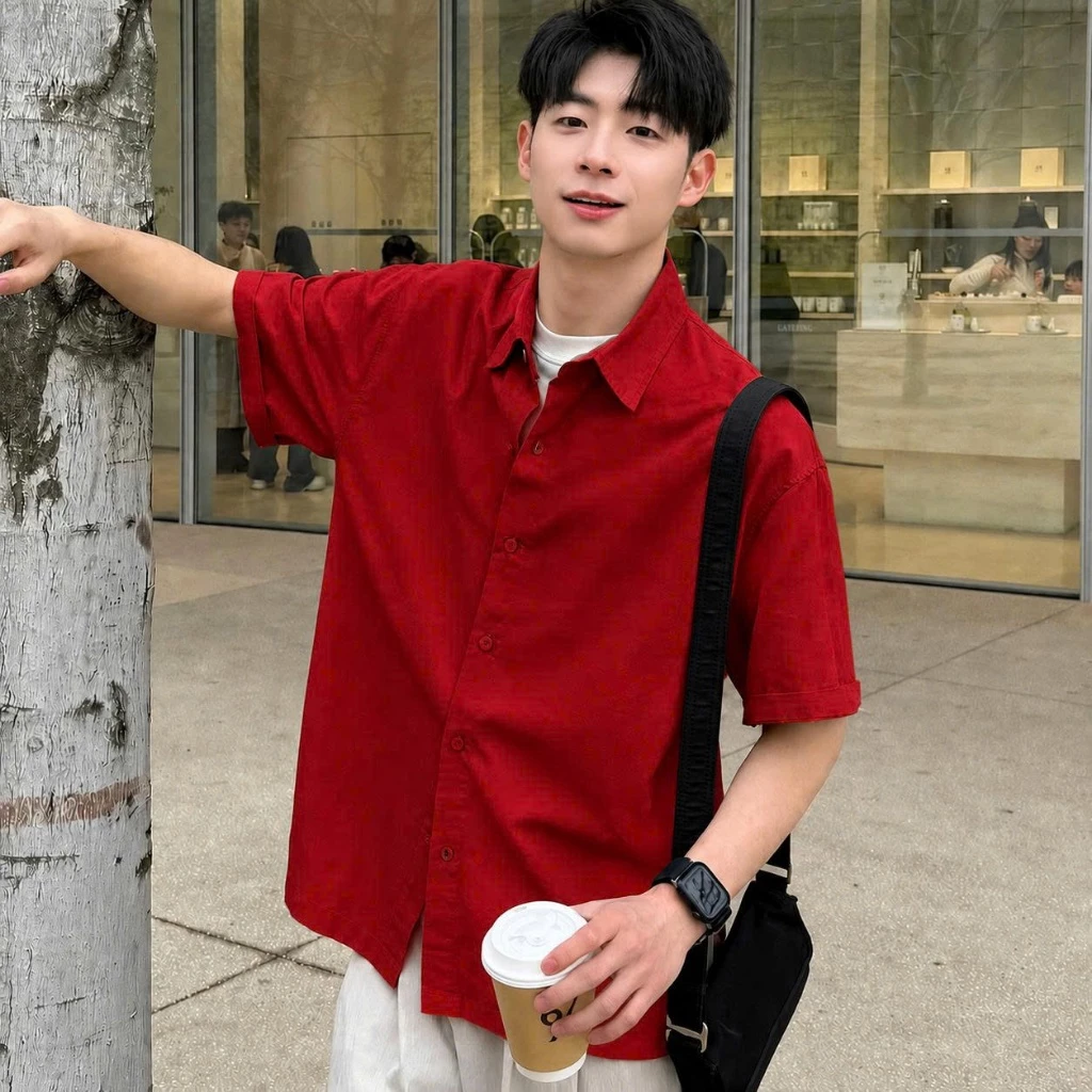 Sơ Mi Đũi Linen Cộc Tay Màu Đỏ Đi Biển Đi Cafe Áo Sơ Mi Nam Tay Ngắn Mùa Hè Thoáng Mát Halley A42