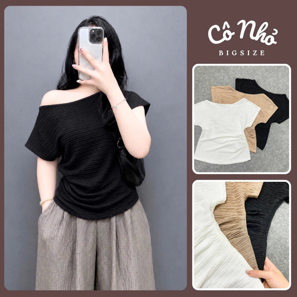 Áo Thun Lệch Vai Bigsize Nữ Tay Hến Mùa Hè Cá Tính Nhún Eo Che Bụng Chất Vải Xốp Nhật Chubby A267