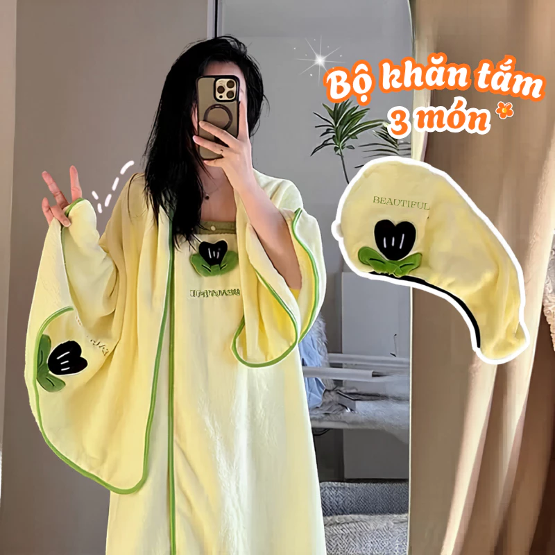 Bộ Khăn Choàng Tắm 3 Món NEMI Dạng Váy, Áo Choàng Tắm Nữ Lông Cừu Mềm Mại, Siêu Thấm Hút, Có Cúc Bấm Tiện Lợi