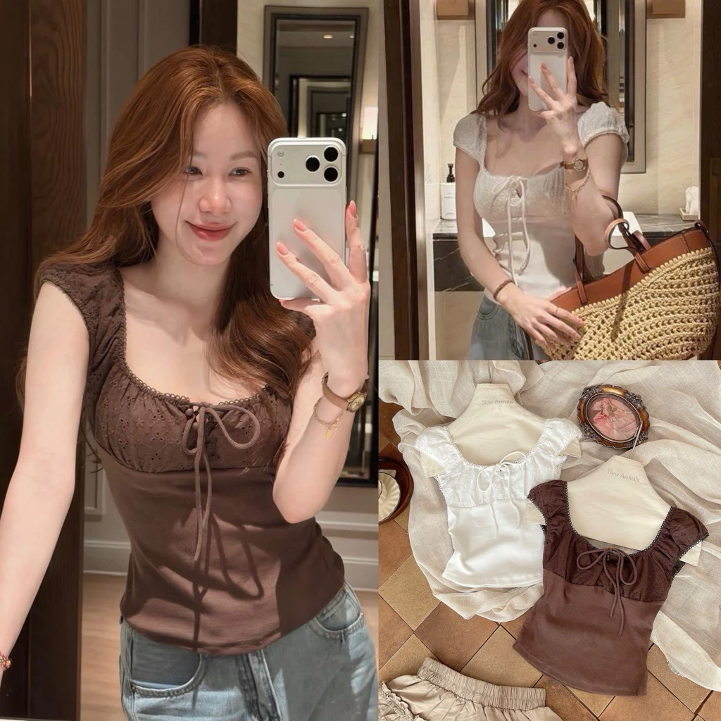 [Hàng Loại 1] Áo Thun Cổ Vuông Phối Ren Boi Thêu Hoa Thắt Nơ Ngực Form Ôm - ERALIS TOP