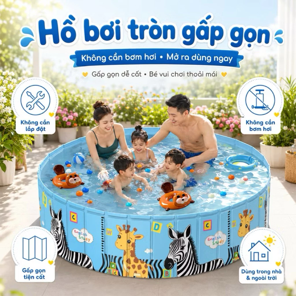 Bể Bơi Gấp Gọn Cho Bé, Không Cần Bơm Hơi Cao Cấp - Hồ Bơi Phao Trẻ Em Tự Đứng Gấp Khúc Tiện Lợi Thành Cao Chống Lật