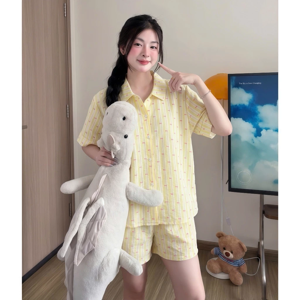 Kozoda Đồ Ngủ Cotton BN93 Họa Tiết Nơ Kẻ Sọc Dễ Thương Dáng Suông Ngắn Tay Thoải Mái Chất Liệu Mềm Mại Phù Hợ