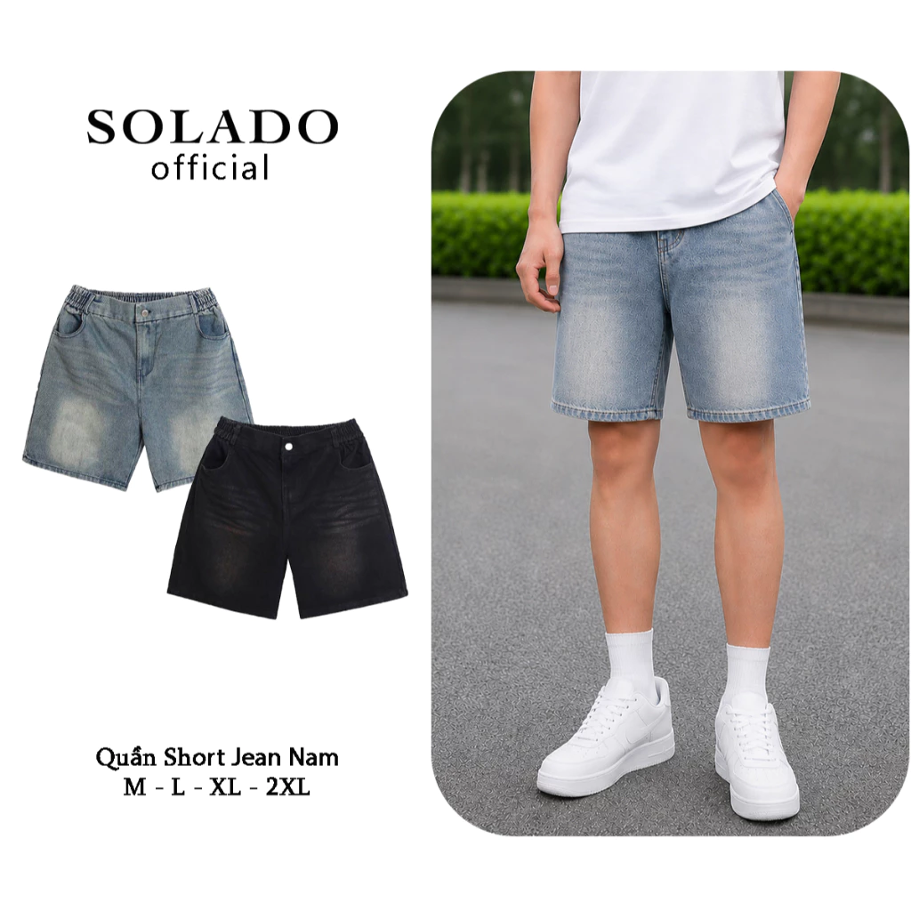 Quần Short Jean Nam SOLADO Chất Cotton Co Gian Thoáng Mát Cạp Lưng Chun Thoải Mái QSJ03