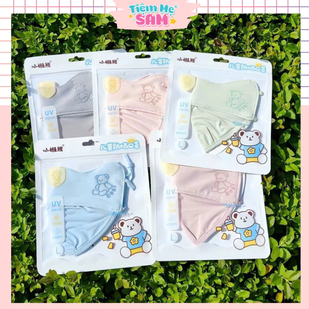 Khẩu Trang Chống Tia UV Cho Bé Gái 3-14 tuổi, Vải Lụa Băng Mát Mịn, Thoáng Mát, In Hình Gấu Đáng Yêu - KTBE01