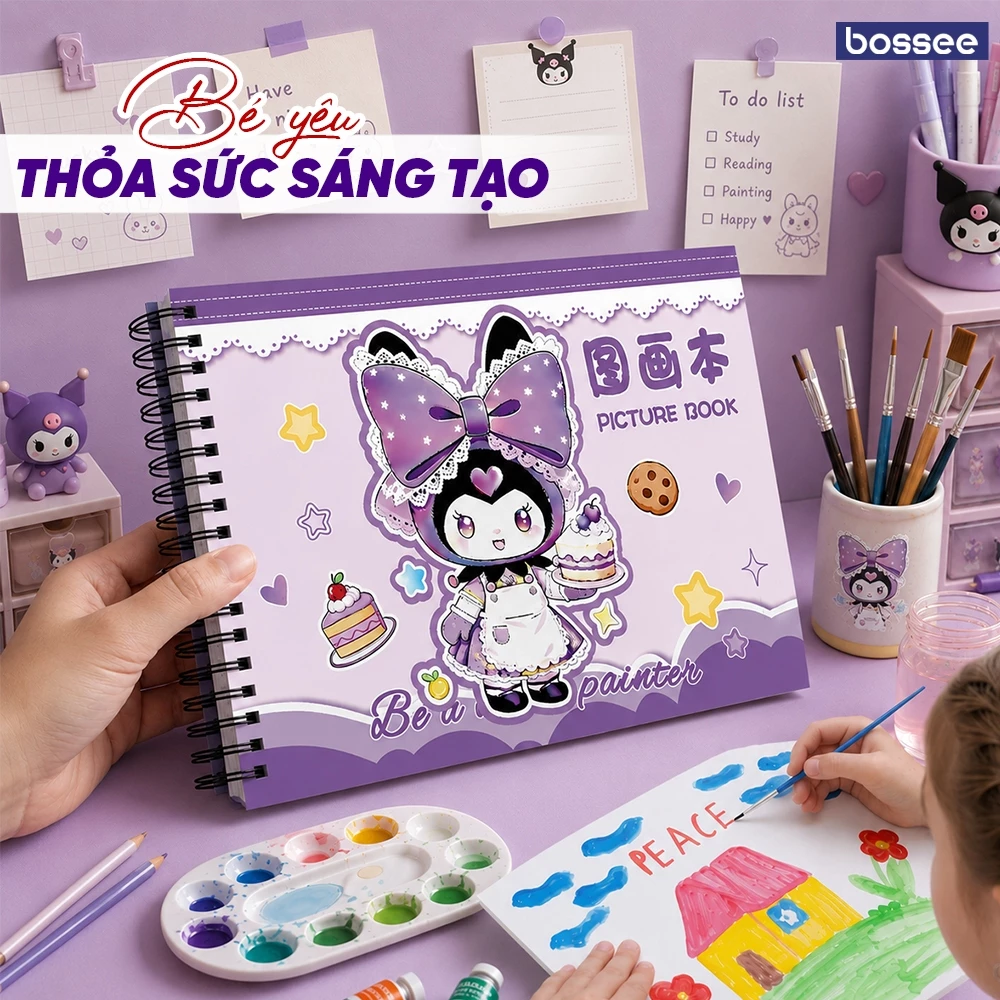 [ Tặng Sticker] Set 4 Vở Vẽ A4 Lò Xo 60 Trang Bossee Họa Tiết Công Chúa Phù Thủy, Sổ Tập Vẽ Tranh Cho Bé, Học Sinh