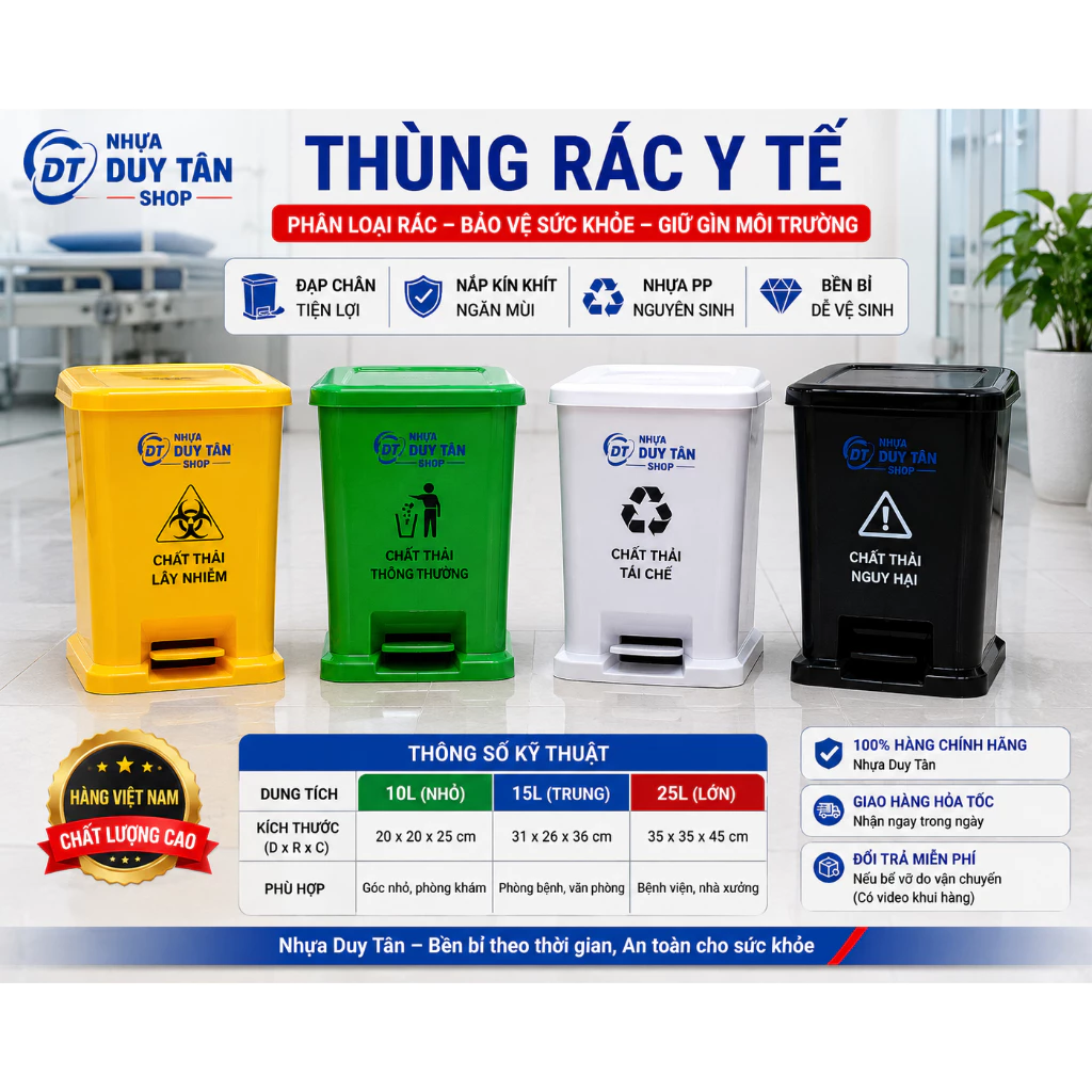 Thùng Rác Y Tế Đạp Chân Duy Tân 10L 15L 20L Có Nắp Kín Phân Loại Rác Lây Nhiễm Nguy Hại