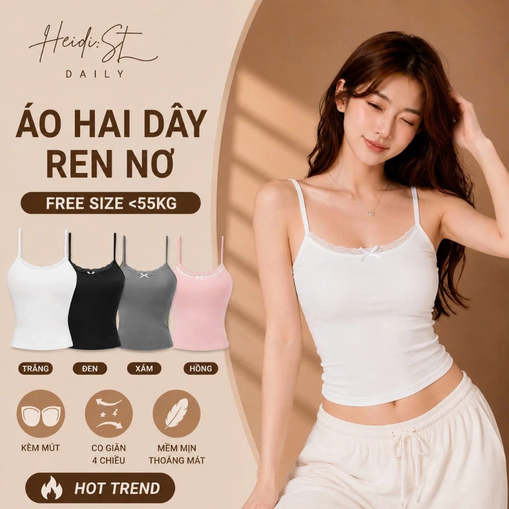 Áo 2 Dây Viền Ren Có Đệm Ngực, Áo Thun Tăm Croptop Đính Nơ Nhỏ Xinh Ôm Body Gợi Cảm