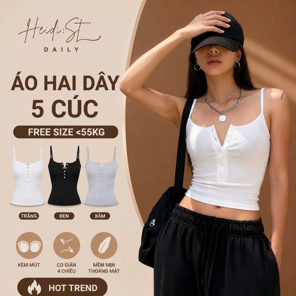 Áo Hai Dây 5 Cúc Nữ Chất Thun Gân Mềm Mát, Kiểu Dáng Croptop Ôm Body Sexy, Cá Tính, Tôn Dáng, Dễ Phối Đồ