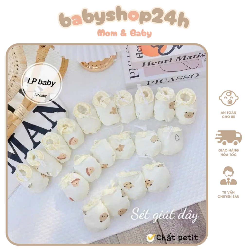 ( Sét  2 CT )Bao Tay + Bao  Chân Cho bé Sơ Sinh Buộc Dây  Chống Tuột Chất Thun Lạnh Pettit Thoáng Mát Cho Bé