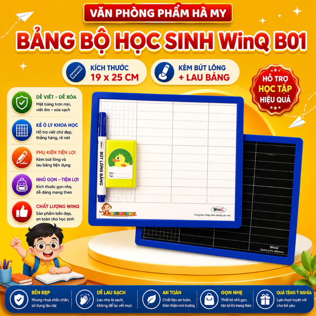 Bảng Bộ Nhỏ Học Sinh 2 Mặt WinQ B-01/B-06 Kèm Đồ Lau Bảng Và Bút Lông