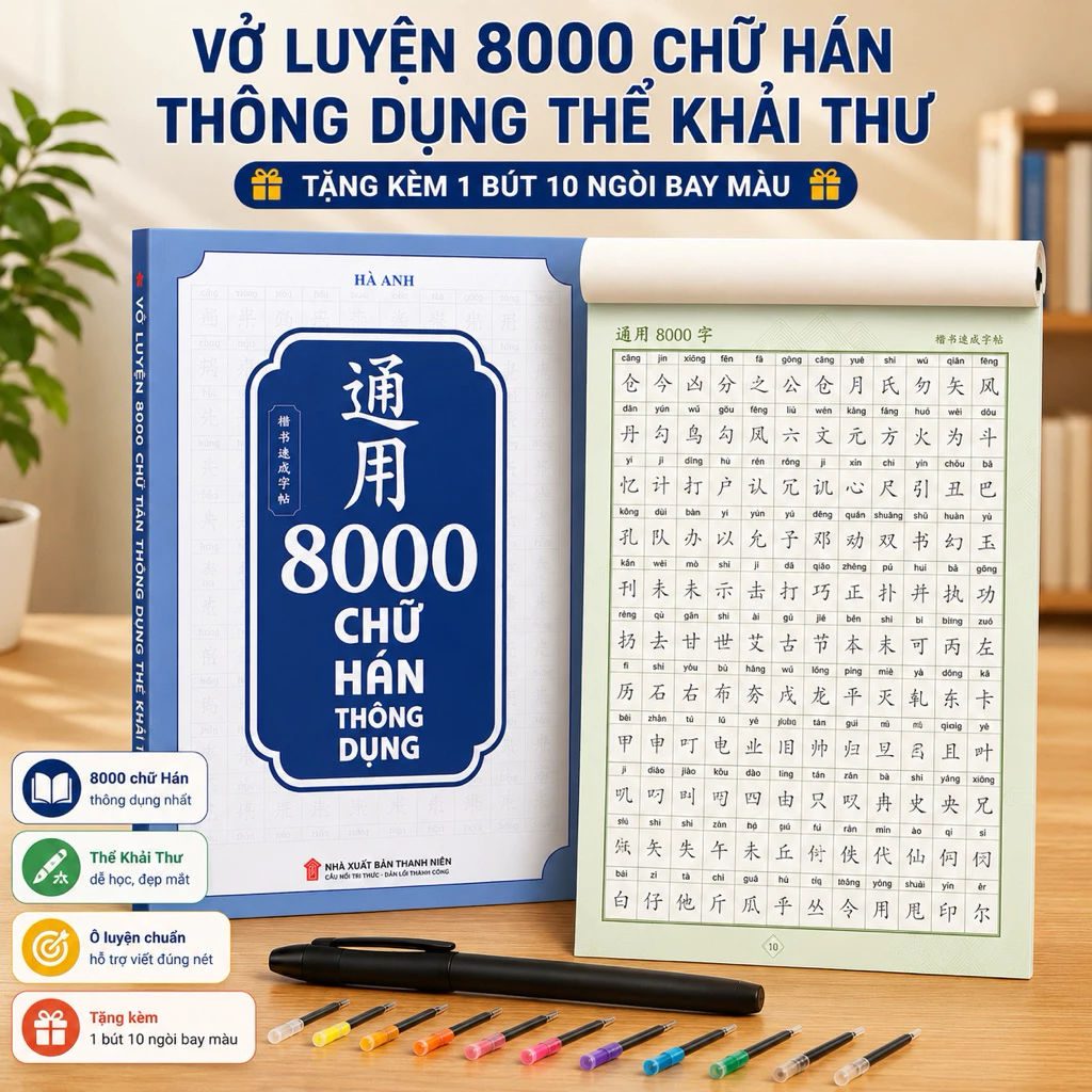 Vở luyện viết 8000 chữ hán thể khải thư,hành thư(tặng kèm 1 bút+10 ngòi phai màu)