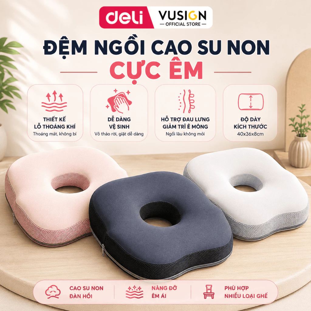Đệm Ngồi Deli Nhiều Mẫu Cao Su Non Siêu Êm Gối Lót Ghế Văn Phòng Chống Trĩ Giảm Đau Lưng Ê Mông