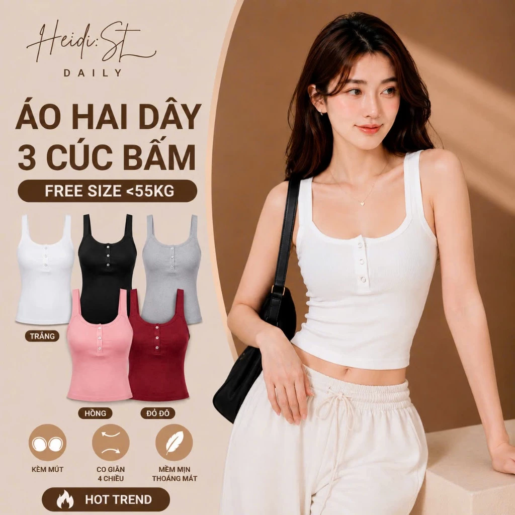 Áo Hai Dây 3 Cúc Bấm Nữ Chất Thun Gân Mềm Mát Ôm Body Sexy, Áo Croptop Cá Tính, Tôn Dáng, Dễ Phối Đồ