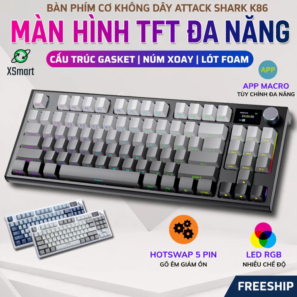 Bàn Phím Cơ Bluetooth Attack Shark K86 RGB PRO Có Màn Hình, App Tùy Chỉnh, Hotswap 5 Pin, Lót Foam