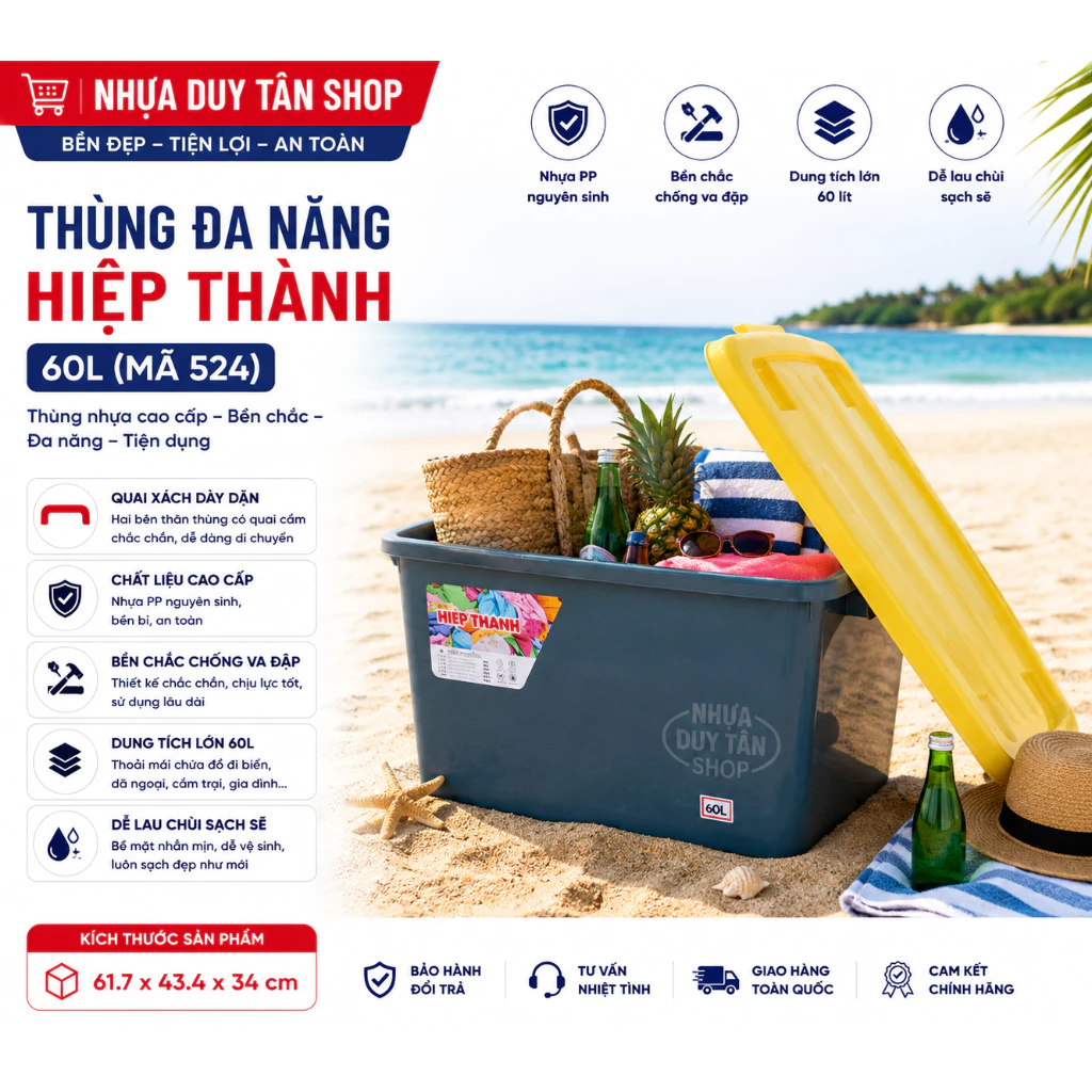 Thùng Nhựa Đa Năng 60 Lít Hiệp Thành Có Bánh Xe Và Quai Cài - Hộp Nhựa Đựng Đồ Tạp Hóa, Đựng Thực Phẩm An Toàn PP