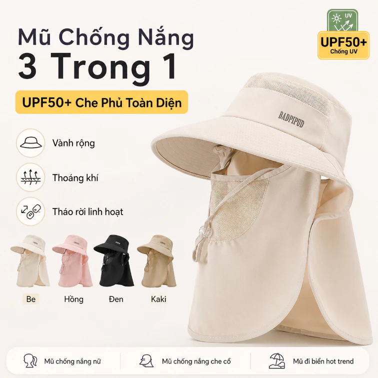 Bộ 3 Trong 1 Chống Nắng Toàn Diện - Mũ Rộng Vành, Mặt Nạ Che Cổ, Khẩu Trang - Bảo Vệ Tối Ưu Cho Lái Xe & Du Lịch