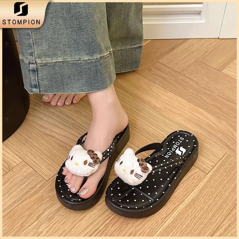 STOMPION Dép xỏ ngón nữ Hàn Quốc hè chấm bi ngọt ngào đế mềm thoải mái dép ngoài trời dày hoạt hình