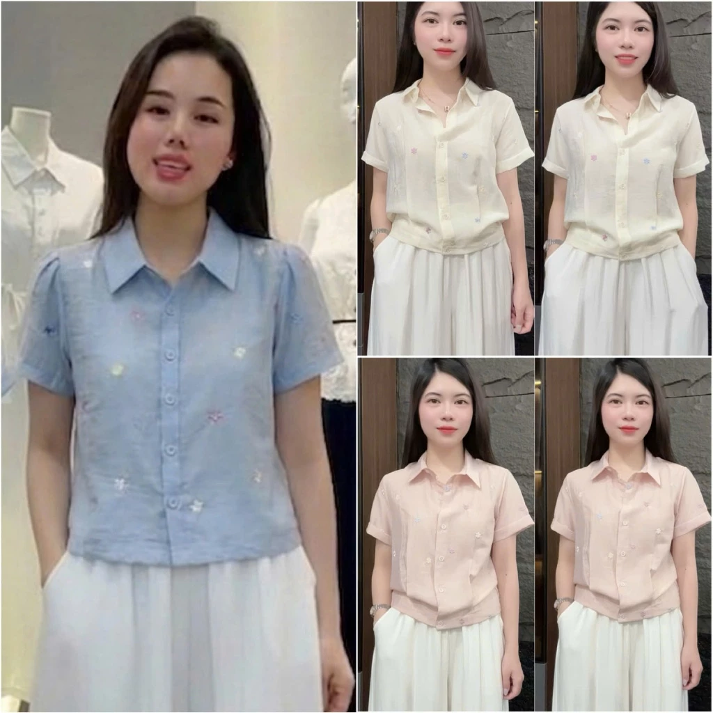 HT41 Áo Linen Thêu Hoa Nổi Tay Ngắn Size 40-70kg Chất Liệu Mềm Nhẹ Mát