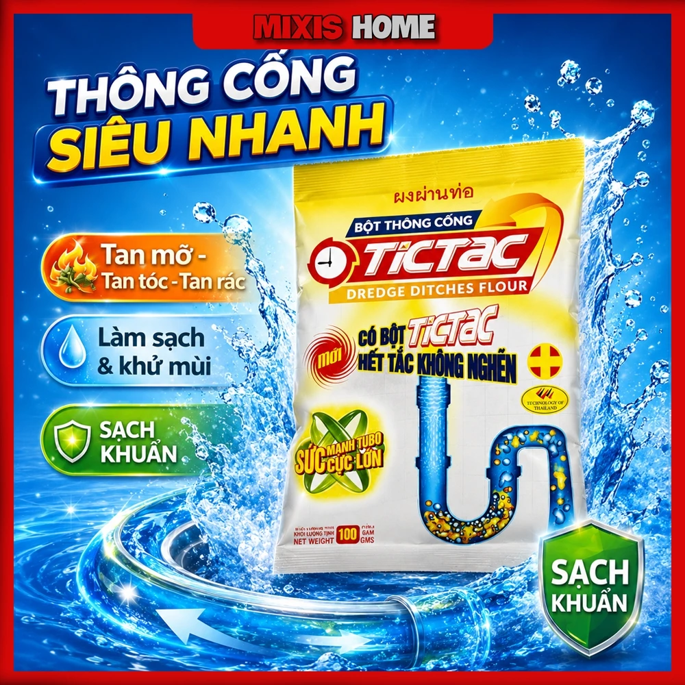 Gói 100G Bột Thông Tắc Cống, Bồn Cầu TICTAC Hiệu Suất Cao Thông Nhanh Cống Bếp Bồn Cầu Tẩy Rửa Đa Năng - GD314