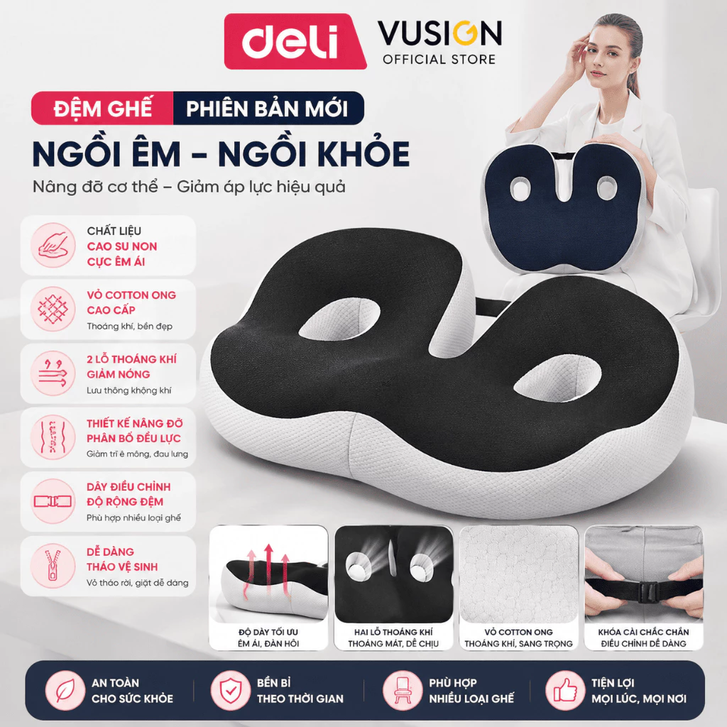 Đệm ghế ngồi văn phòng Deli Thoáng Khí Chống Trĩ Chất Liệu Cao Su Non Giảm Ê Mỏi Chỉnh Tư Thế Ngồi