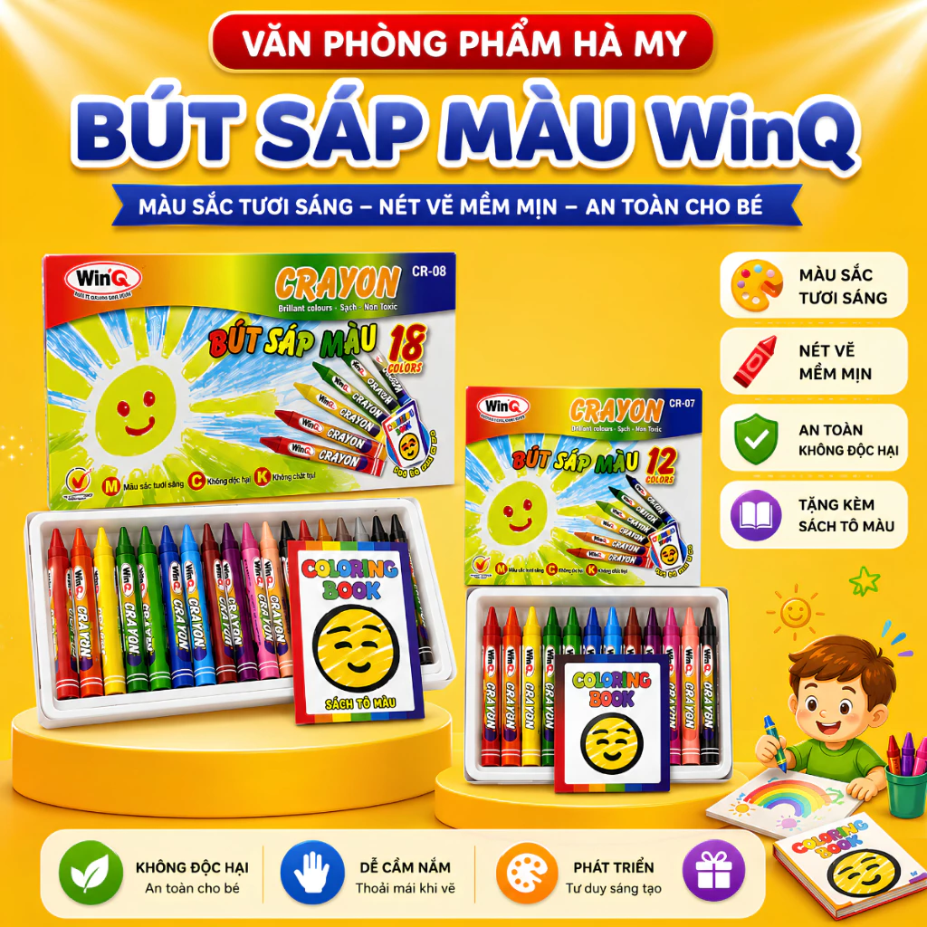 Hộp Bút Sáp 12 Màu, 18 Màu WinQ CR-08 Màu sắc tươi sáng chân thật, đều màu