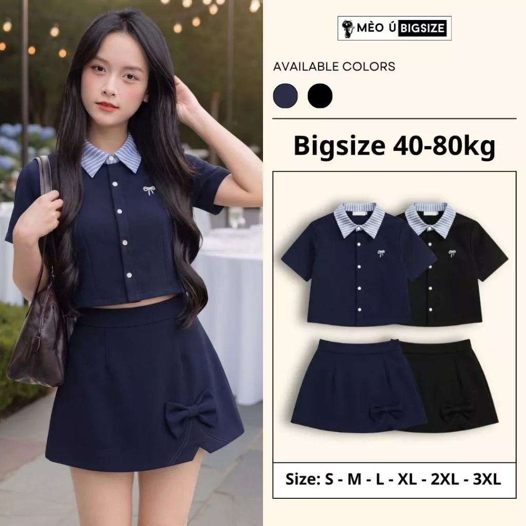 Set đồ nữ BIGSIZE Mèo Ú set áo sơ mi cộc tay phối cổ kẻ sọc xanh mix chân váy chữ A đính nơ dáng xoè Hàn Quốc 130