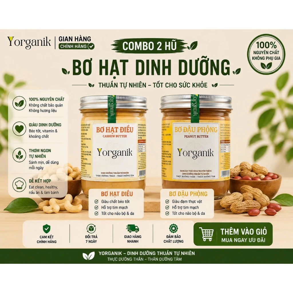 Combo Bơ Hạt Ăn Kiêng Yorganik – Bơ Điều, Bơ Đậu Phộng Không Đường Nguyên Chất Yorganik, size 200g/450g
