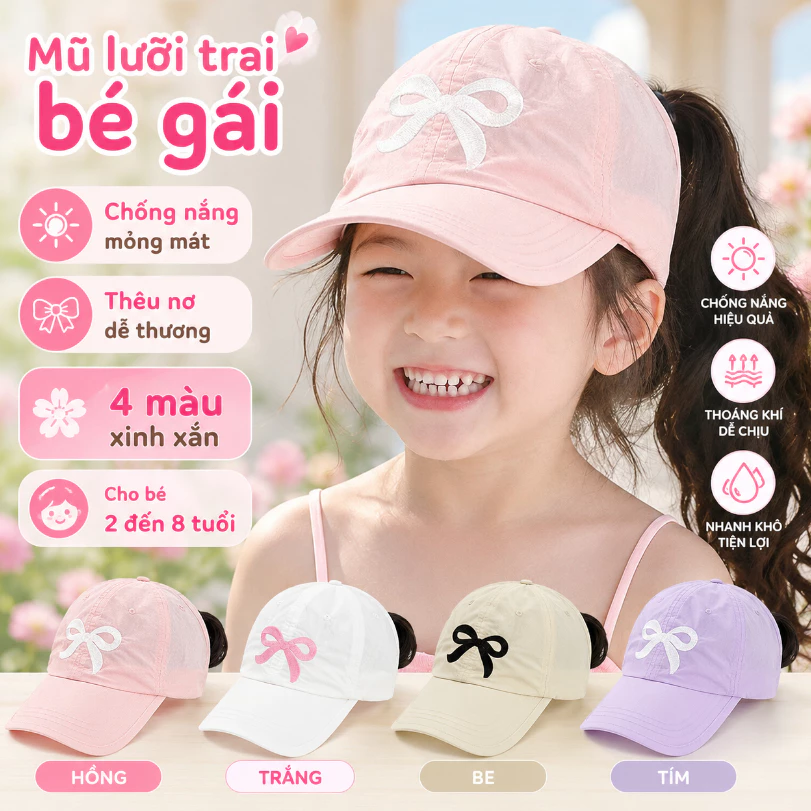 Mũ Lưỡi Trai Trẻ Em Chống Nắng Nhẹ-Chất Vải Mỏng Mát Nhanh Khô,Thêu Hình Dễ Thương, Dễ Điều Chỉnh,Cho Bé Đi Học Đi Chơi