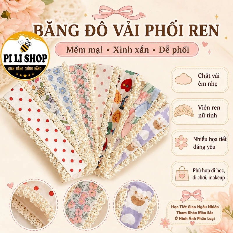 Miếng Dán Tóc Mái Dáng Dài 34x5cm Viền Ren Nhiều Họa Tiết, Băng Đô Vải Dạng Dán Chống Rơi Tóc