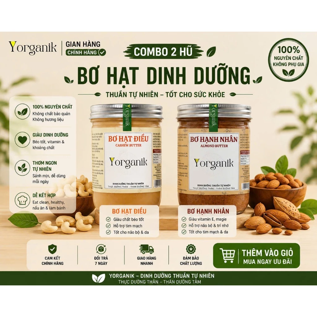 Combo 2 Hủ Bơ Điều + Bơ hạnh nhân nguyên chất không đường ăn kiêng Yorganik 200/450g