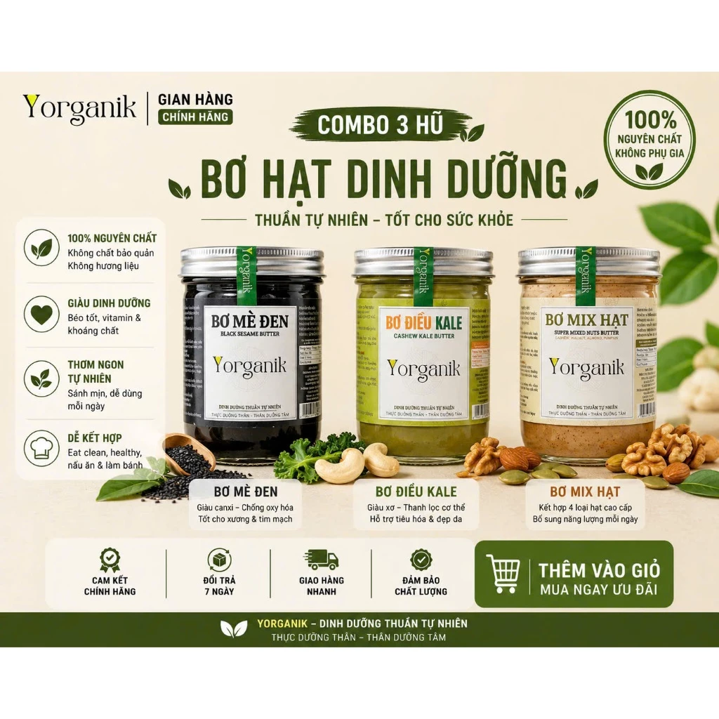 Combo 3 Bơ Hạt Yorganik – Mè Đen, Mix 4 Loại Hạt, Điều Kale Nguyên Chất Không Đường Yorganik 200g/450g