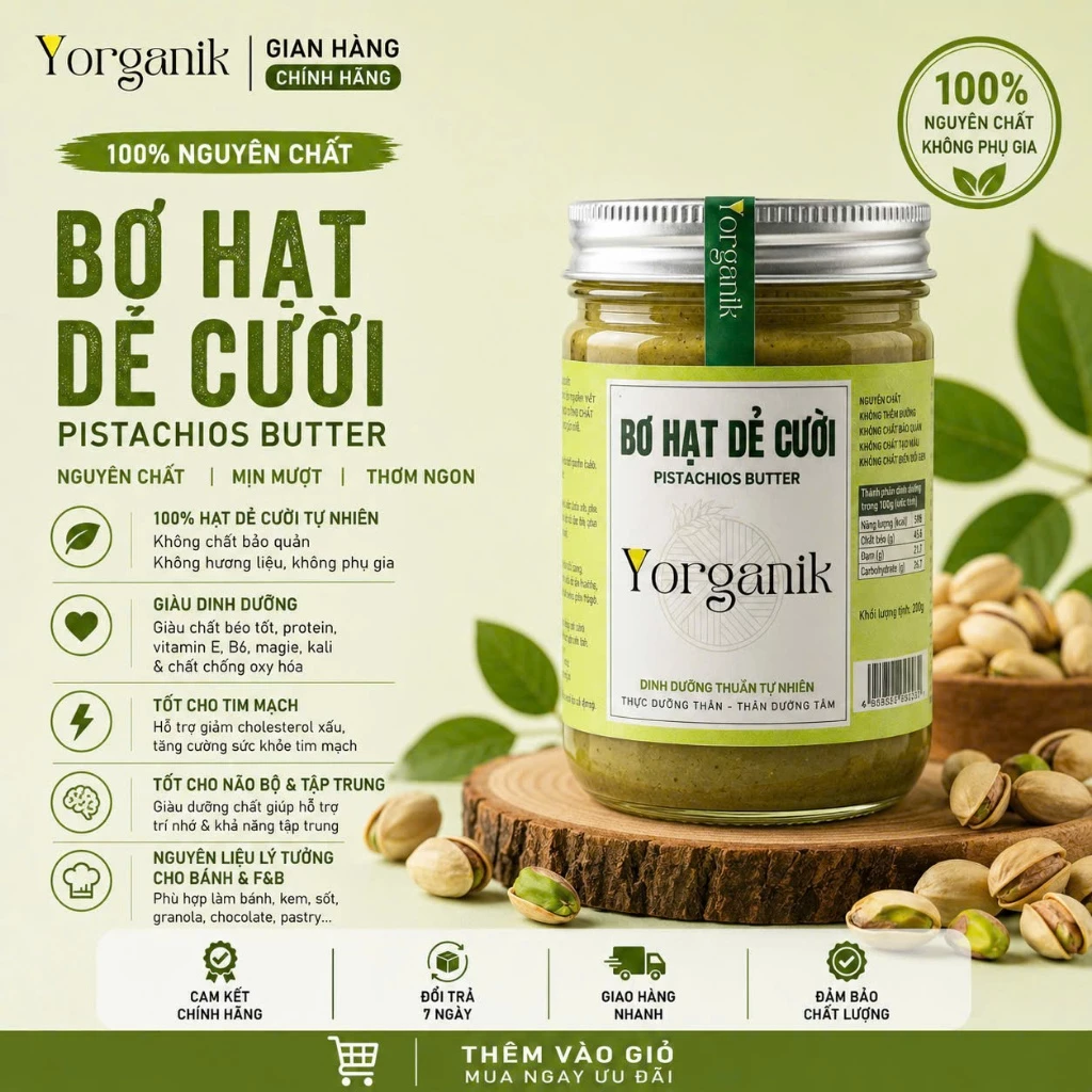 Bơ Hạt Dẻ Cười Nguyên Chất Không Đường Eat Clean Không Phụ Gia Không Đường Yorganik 200gr/ 450gr