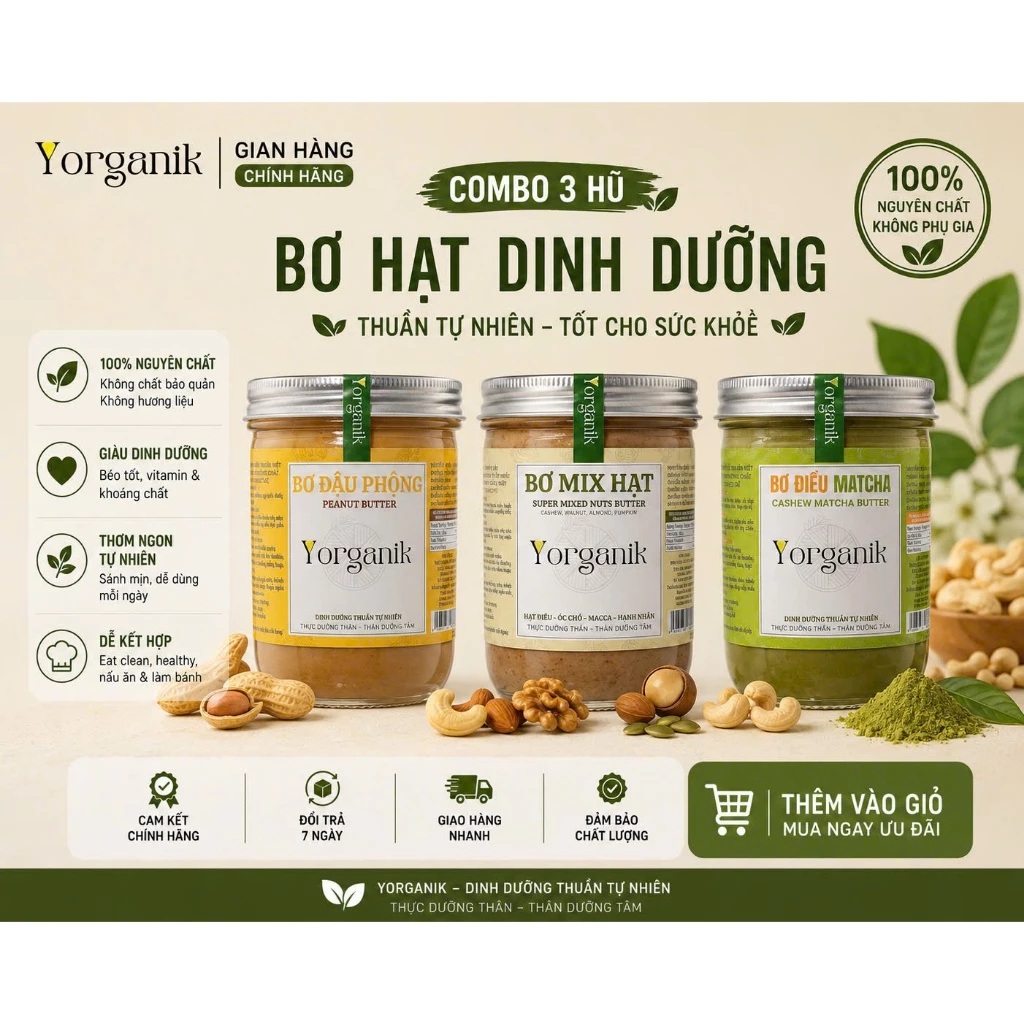 Combo 3 loại Bơ Mix Bơ Đậu Phộng, Bơ Điều matcha Nguyên Chất Ăn Kiêng Không Đường Yorganik, size 200g/450g