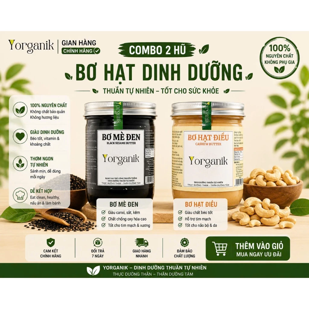 Combo 2 hủ Bơ mè đen + Bơ hạt điều nguyên chất mịn mượt tự nhiên Ăn lành mạnh ăn kiêng – Yorganik,Hủ 200g/450g