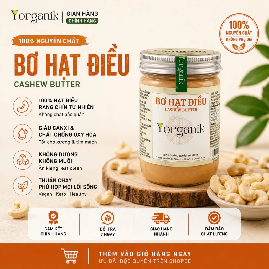 [0% Đường] Bơ Hạt Điều Yorganik Nghiền Cối Đá Không Muối Ăn Kiêng Giảm Cân Keto Hũ 200g 450g