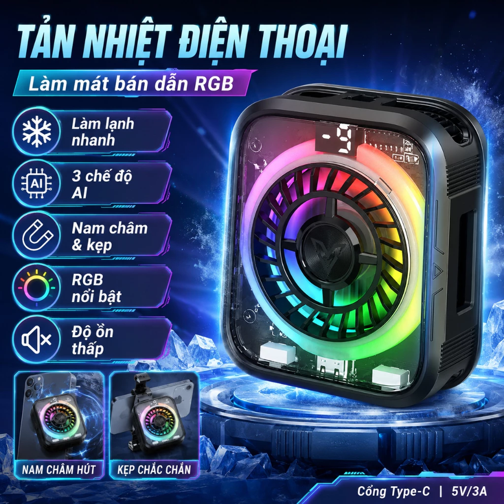 Quạt tản nhiệt điện thoại F86, Sò lạnh làm mát nhanh giảm 35°C, Đèn RGB cực chất, Từ tính mạnh mẽ Cho IOS/Android