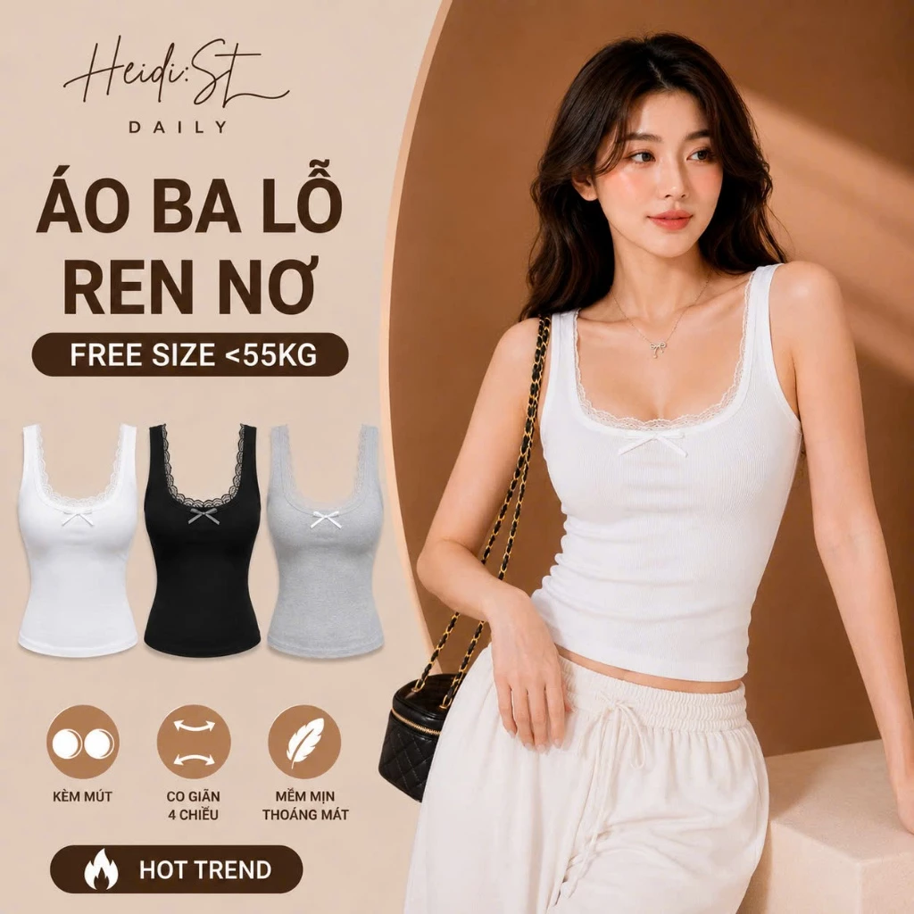 Áo Ba Lỗ Ren Nơ Ngực Nữ, Áo Tank Top Chất Thun Gân Mềm Mát, Kiểu Dáng Ôm Body Sexy Form Đẹp