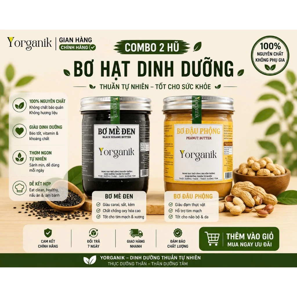 [Combo tiết kệm] 2 Hũ Bơ Hạt Yorganik Bơ Mè Đen Bơ Đậu Phộng Nguyên Chất Không Đường ăn kiêng Gym