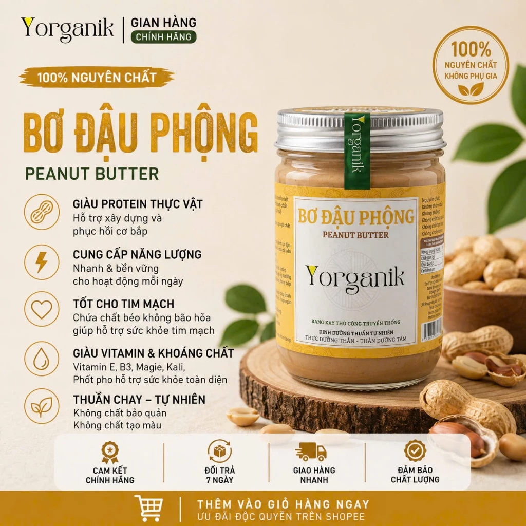 Bơ đậu phộng nguyên chất,Rang củi thủ công ăn kiêng Không đường – Yorganik,Hủ 200g/450g